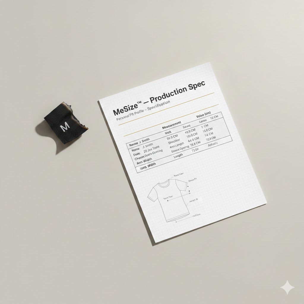 A burning size label transforming into a MeSize spec sheet